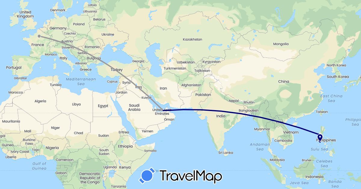 TravelMap itinerary: driving, plane in United Arab Emirates, France, Philippines (Asia, Europe)